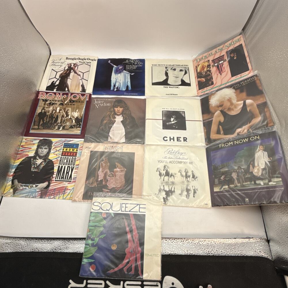 13 Vintage. 80’s Rock and Roll, Pop. 45's Vinyl Records W/Picture Sleeves.